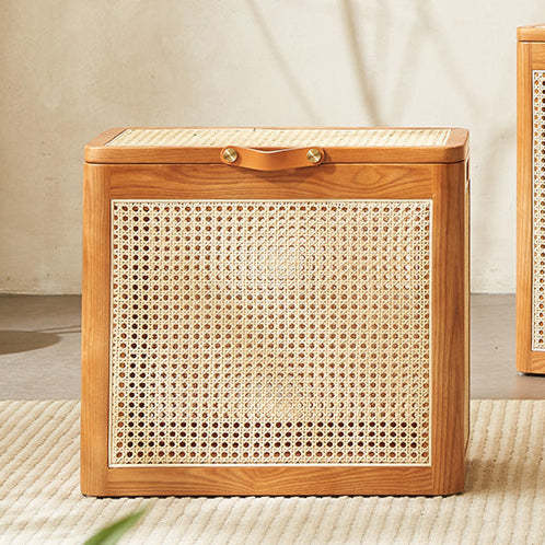 Japanese Rattan Solid Wood Flip-Top End Table with Cabinet