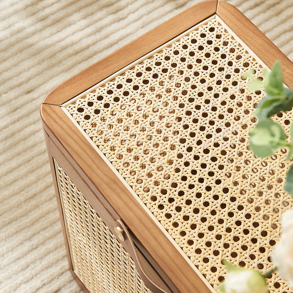 Japanese Rattan Solid Wood Flip-Top End Table with Cabinet