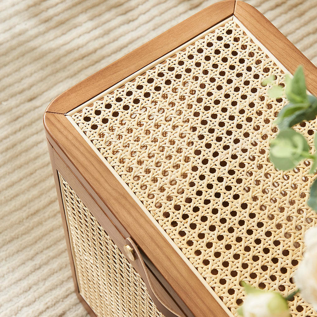 Japanese Rattan Solid Wood Flip-Top End Table with Cabinet