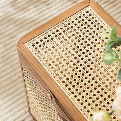 Japanese Rattan Solid Wood Flip-Top End Table with Cabinet
