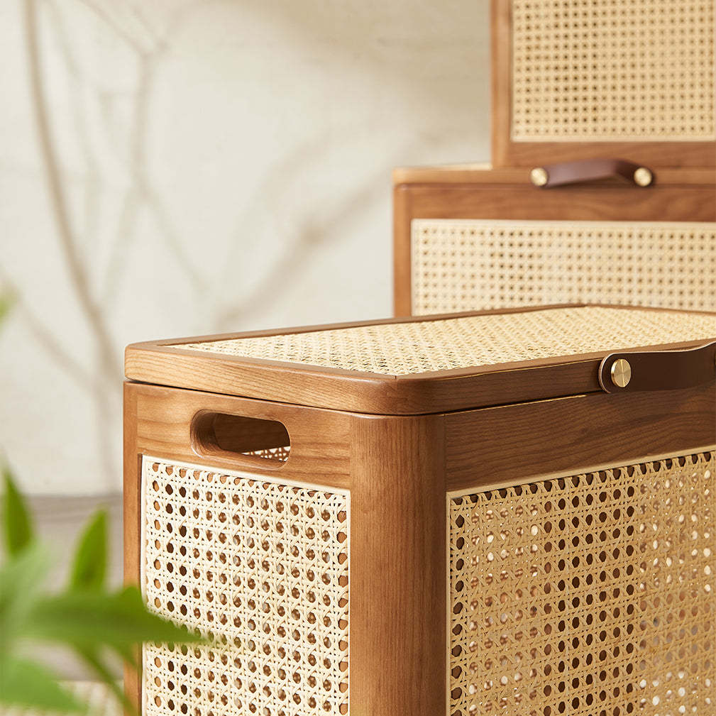Japanese Rattan Solid Wood Flip-Top End Table with Cabinet