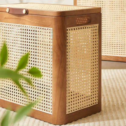 Japanese Rattan Solid Wood Flip-Top End Table with Cabinet