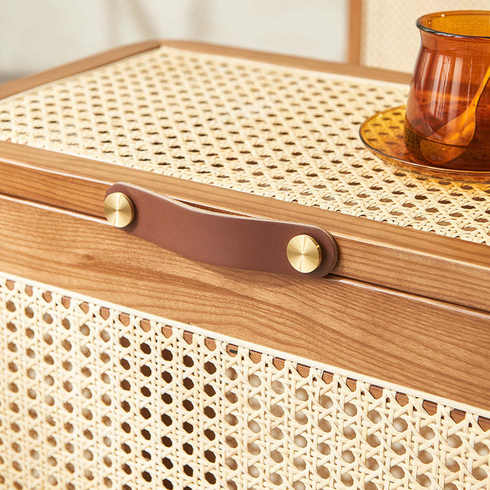Japanese Rattan Solid Wood Flip-Top End Table with Cabinet