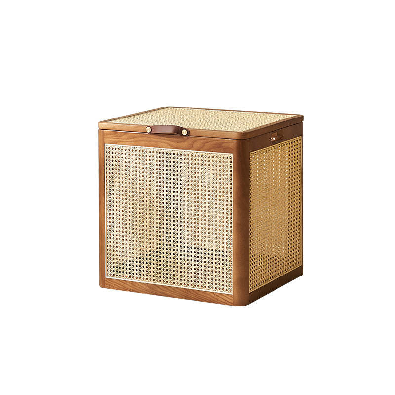 Japanese Rattan Solid Wood Flip-Top End Table with Cabinet