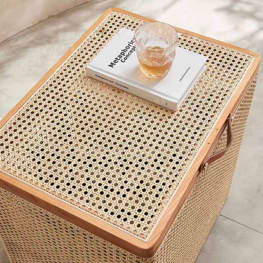 Japanese Rattan Solid Wood Flip-Top End Table with Cabinet