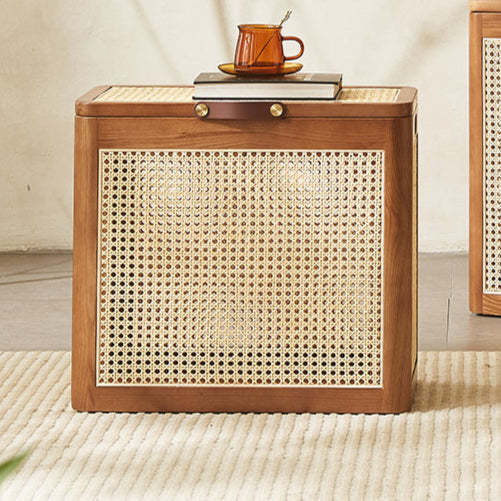 Japanese Rattan Solid Wood Flip-Top End Table with Cabinet