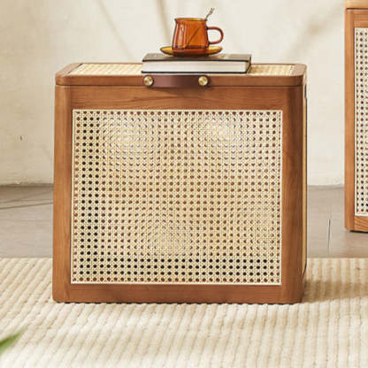 Japanese Rattan Solid Wood Flip-Top End Table with Cabinet