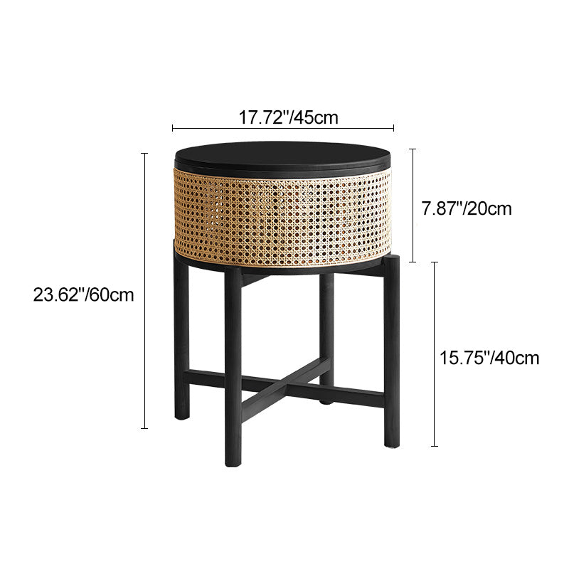 Vintage Round Rattan Solid Wood 1-Cabinet End Table
