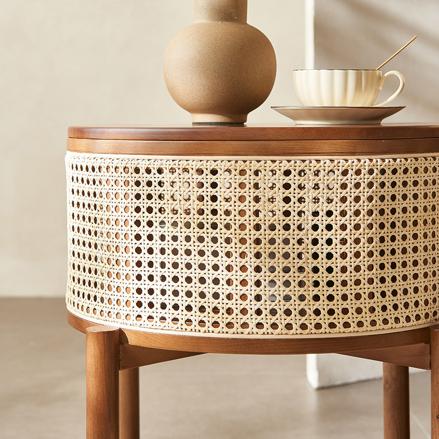 Vintage Round Rattan Solid Wood 1-Cabinet End Table