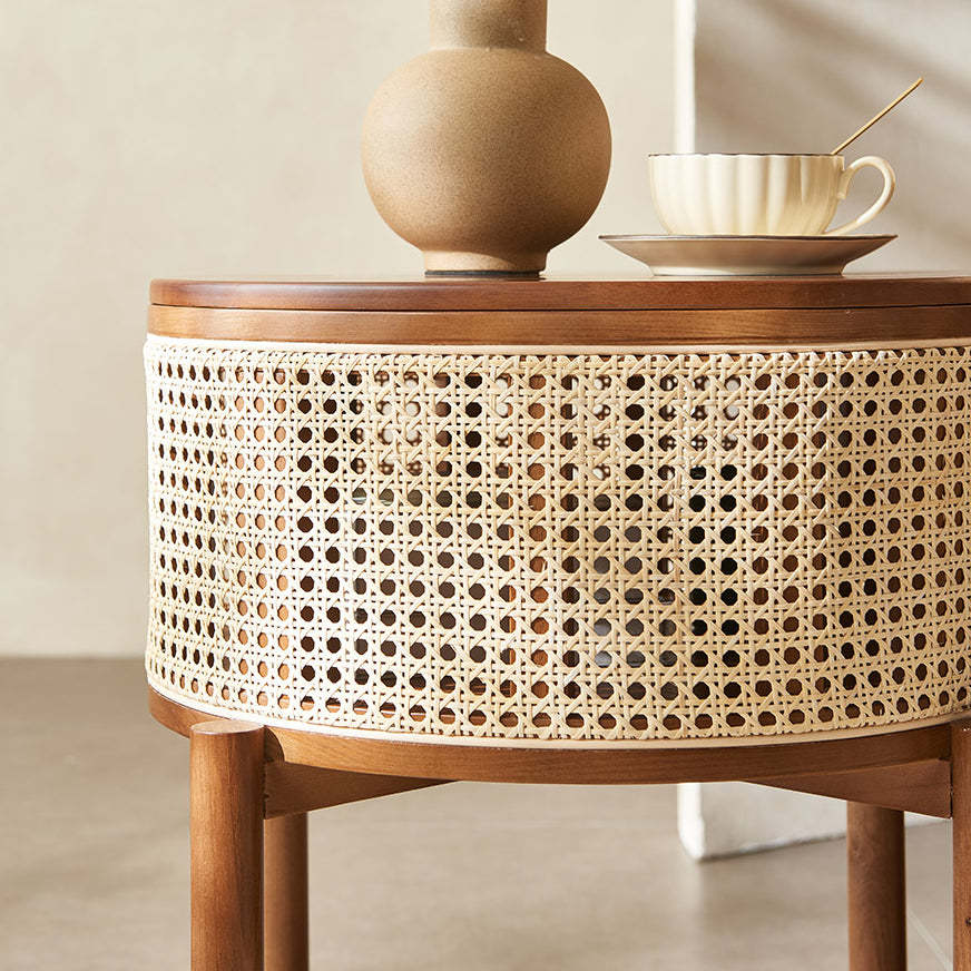 Vintage Round Rattan Solid Wood 1-Cabinet End Table