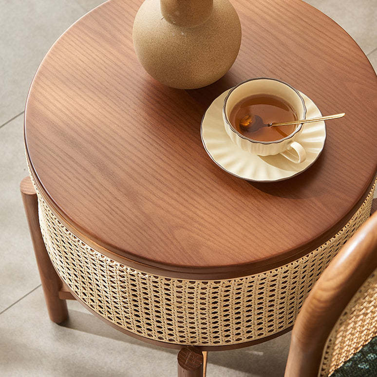 Vintage Round Rattan Solid Wood 1-Cabinet End Table