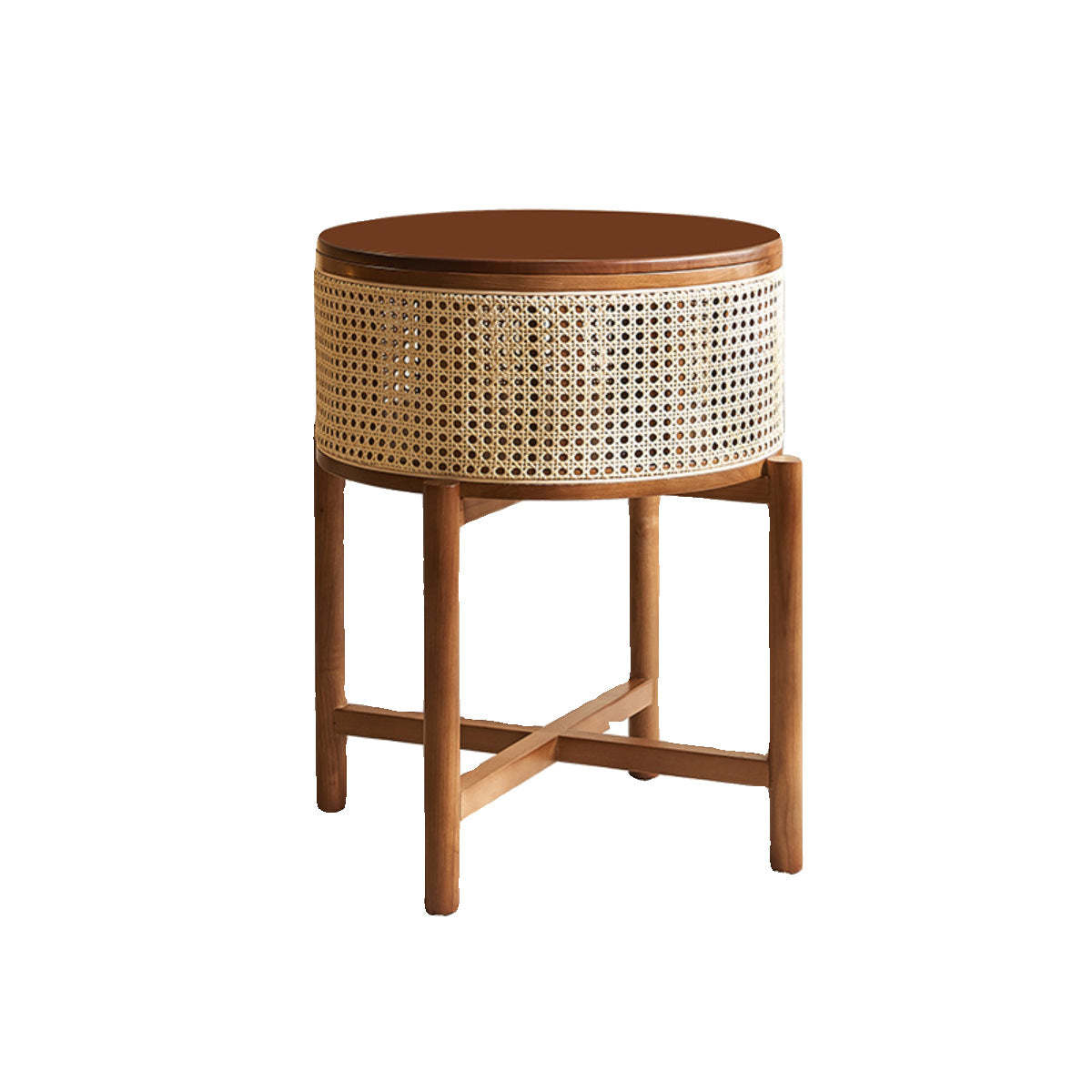 Vintage Round Rattan Solid Wood 1-Cabinet End Table