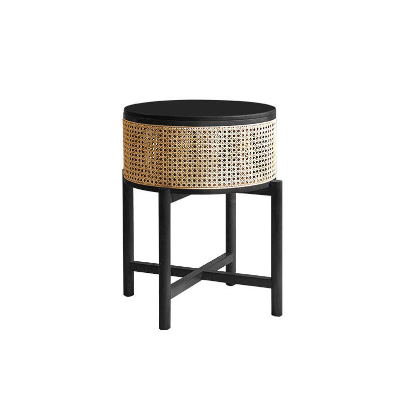 Vintage Round Rattan Solid Wood 1-Cabinet End Table