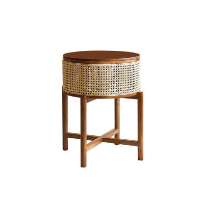 Vintage Round Rattan Solid Wood 1-Cabinet End Table