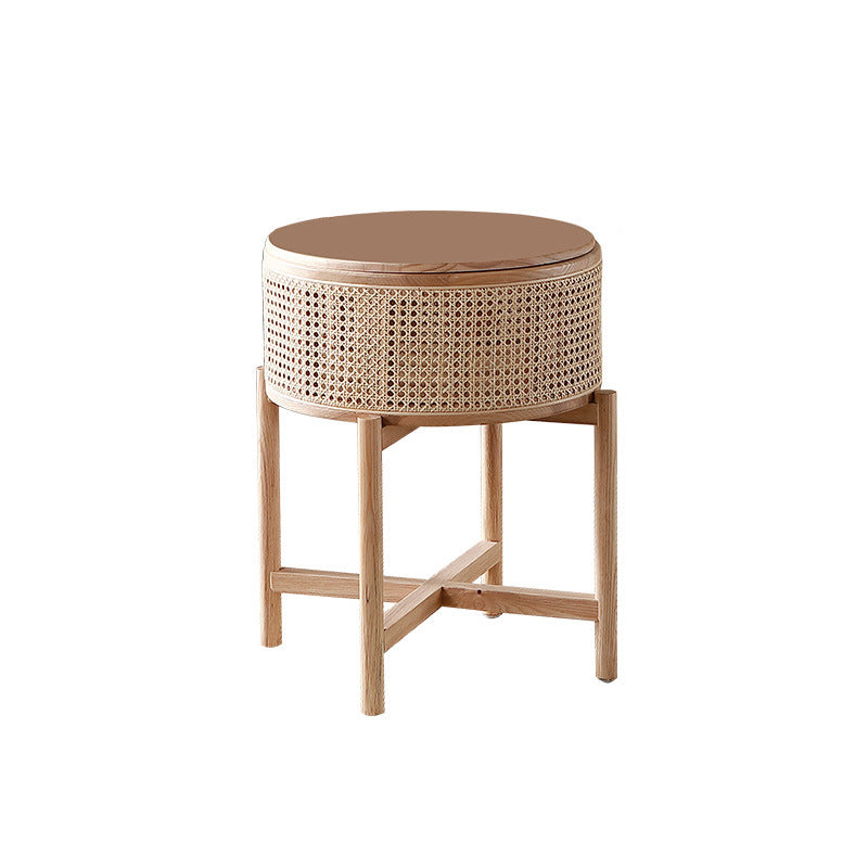 Vintage Round Rattan Solid Wood 1-Cabinet End Table