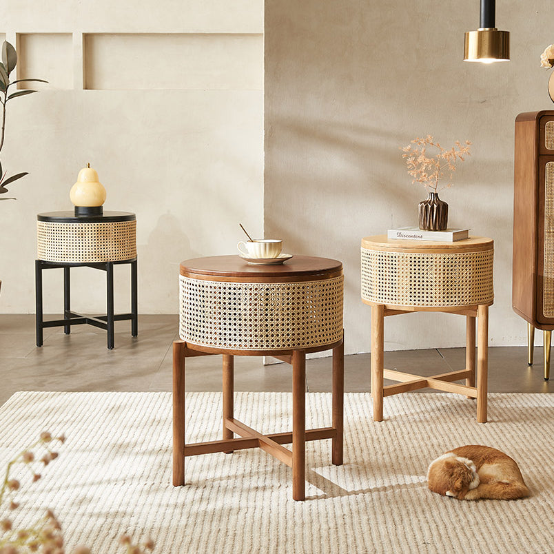 Vintage Round Rattan Solid Wood 1-Cabinet End Table