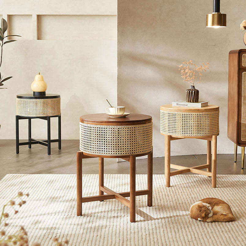 Vintage Round Rattan Solid Wood 1-Cabinet End Table — Original Wood Color