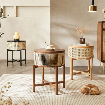 Vintage Round Rattan Solid Wood 1-Cabinet End Table — Original Wood Color