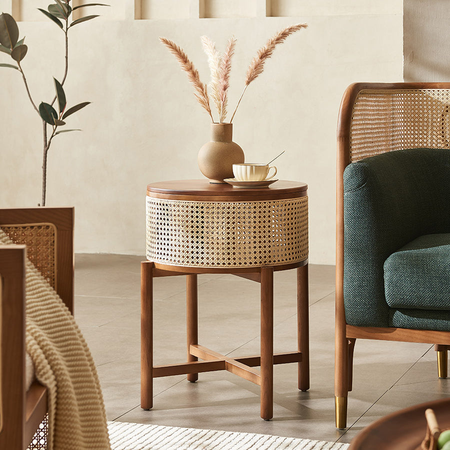 Vintage Round Rattan Solid Wood 1-Cabinet End Table — Black