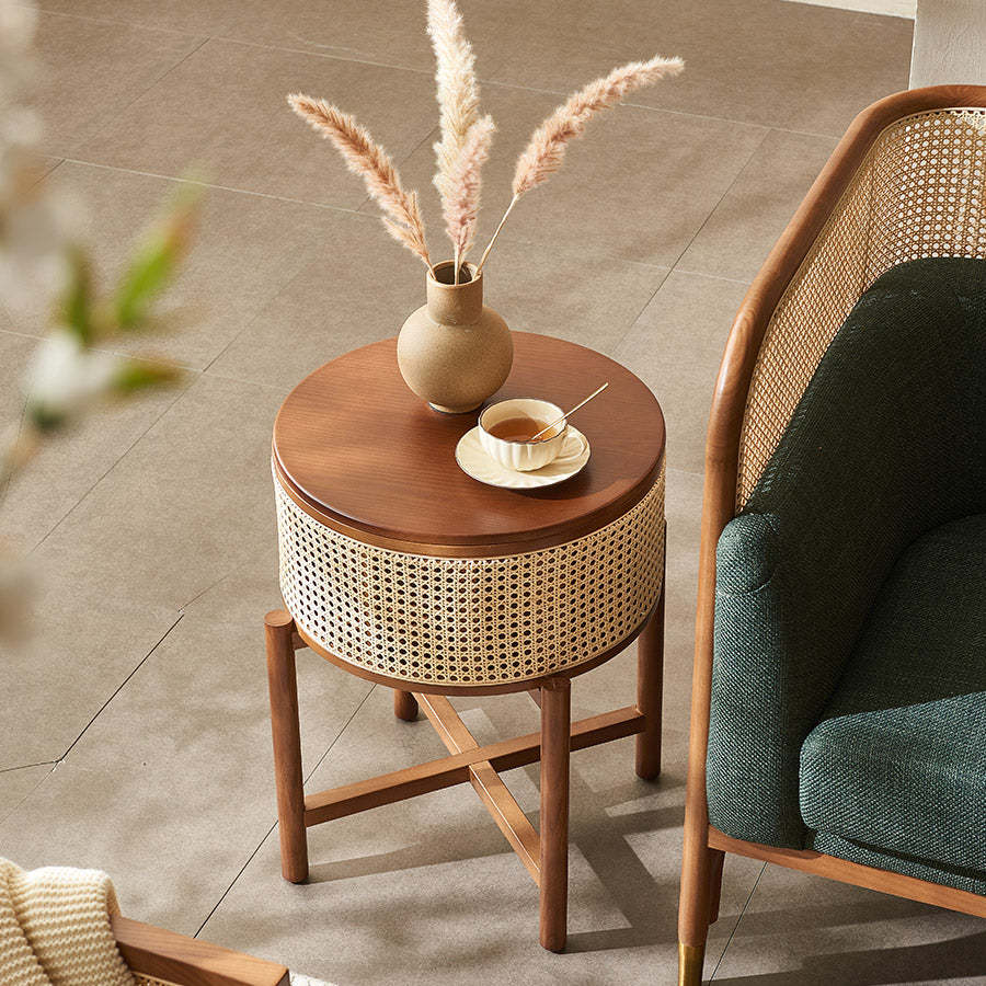 Vintage Round Rattan Solid Wood 1-Cabinet End Table