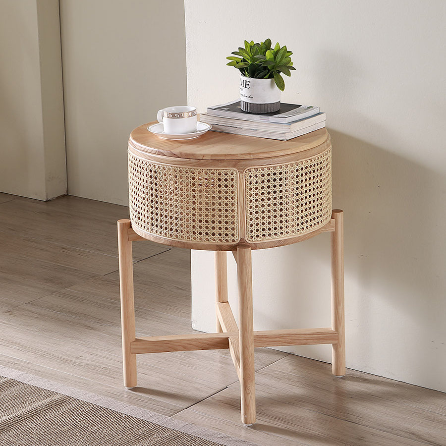 Vintage Round Rattan Solid Wood 1-Cabinet End Table — Walnut Wood Color