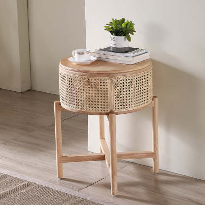 Vintage Round Rattan Solid Wood 1-Cabinet End Table — Walnut Wood Color