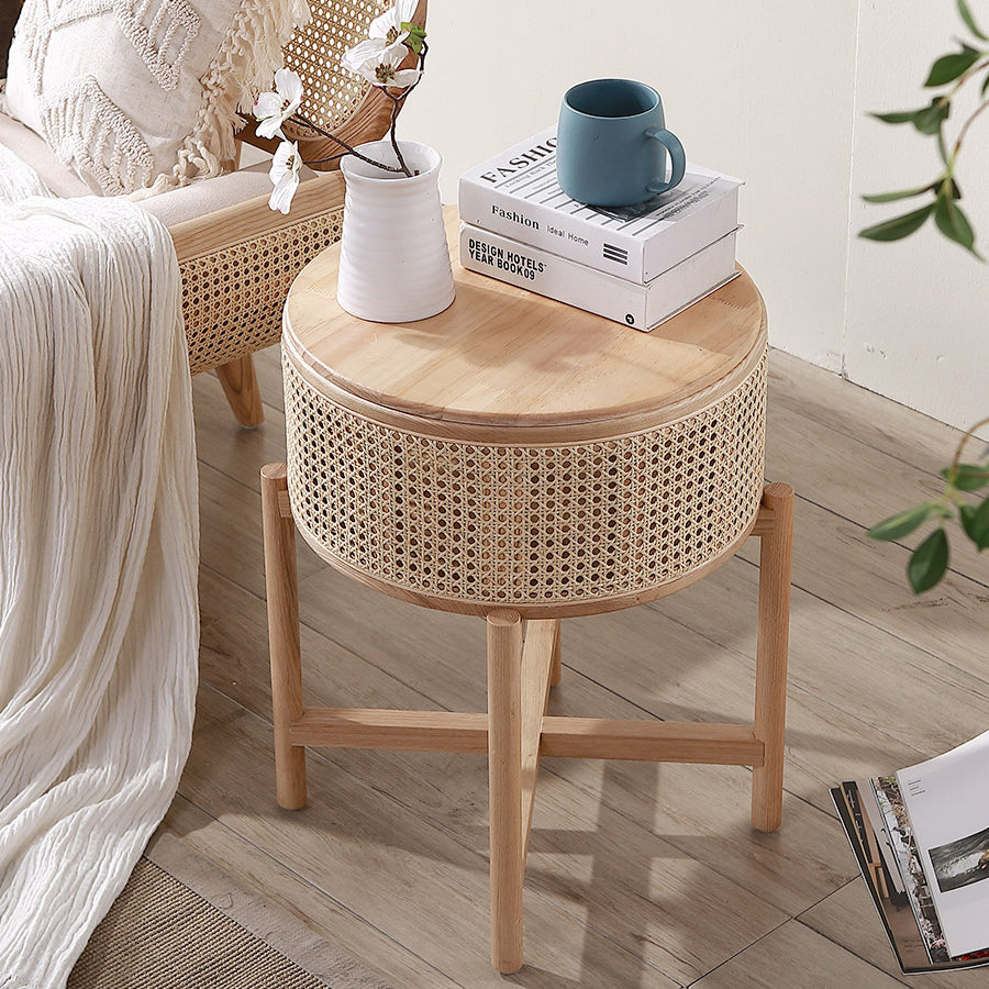 Vintage Round Rattan Solid Wood 1-Cabinet End Table