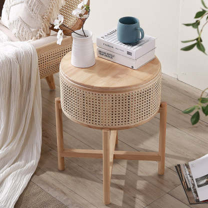 Vintage Round Rattan Solid Wood 1-Cabinet End Table