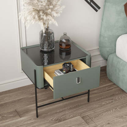 Minimalist Geometric Glass Wood Nightstand 1-Drawer