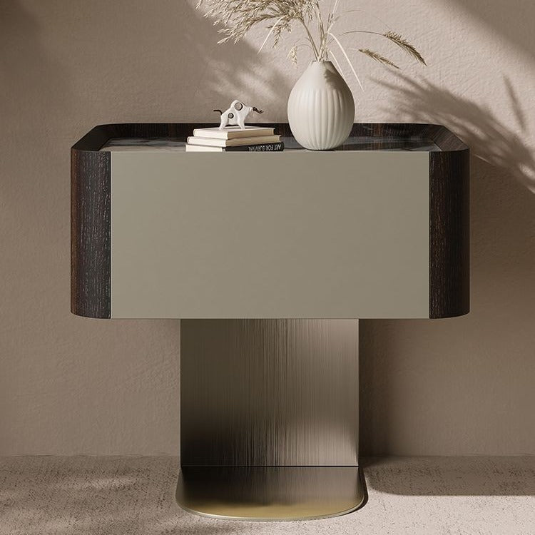 Modern Sintered Stone Smoked Wood 1-Drawer Nightstand — Gray