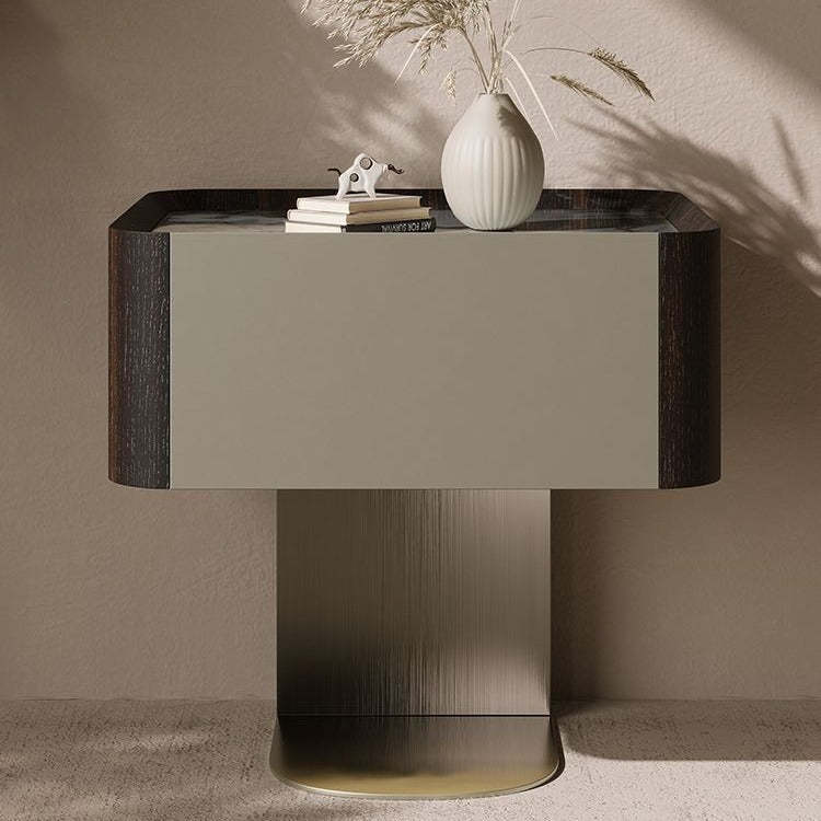 Modern Sintered Stone Smoked Wood 1-Drawer Nightstand — Gray