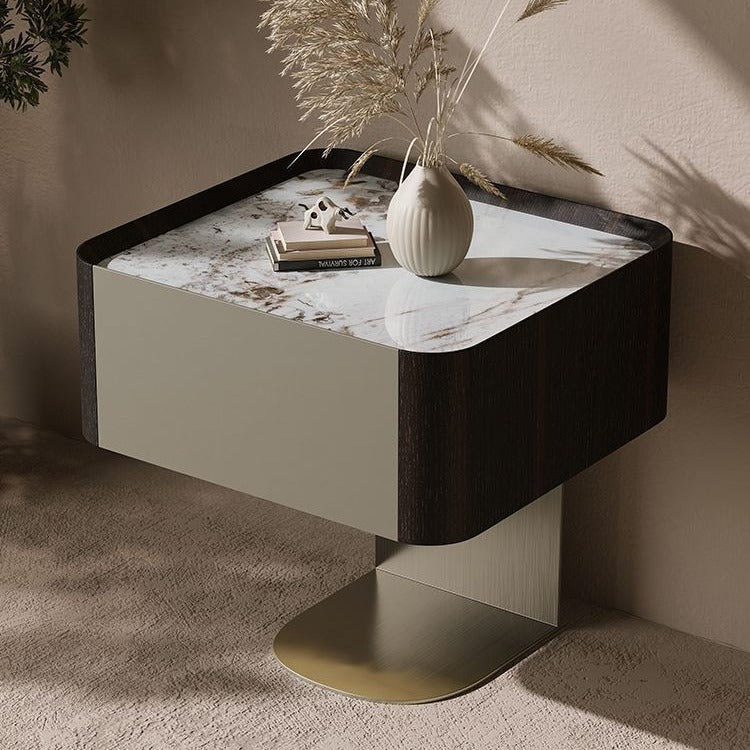 Modern Sintered Stone Smoked Wood 1-Drawer Nightstand
