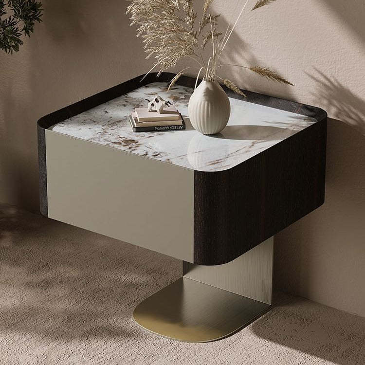 Modern Sintered Stone Smoked Wood 1-Drawer Nightstand