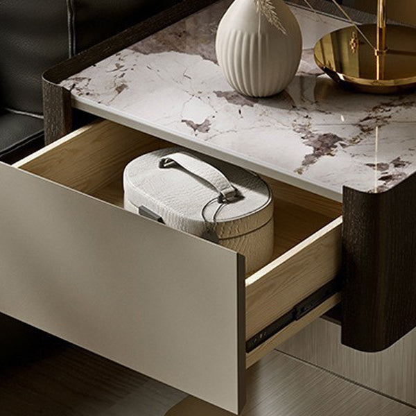 Modern Sintered Stone Smoked Wood 1-Drawer Nightstand