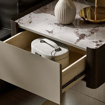 Modern Sintered Stone Smoked Wood 1-Drawer Nightstand