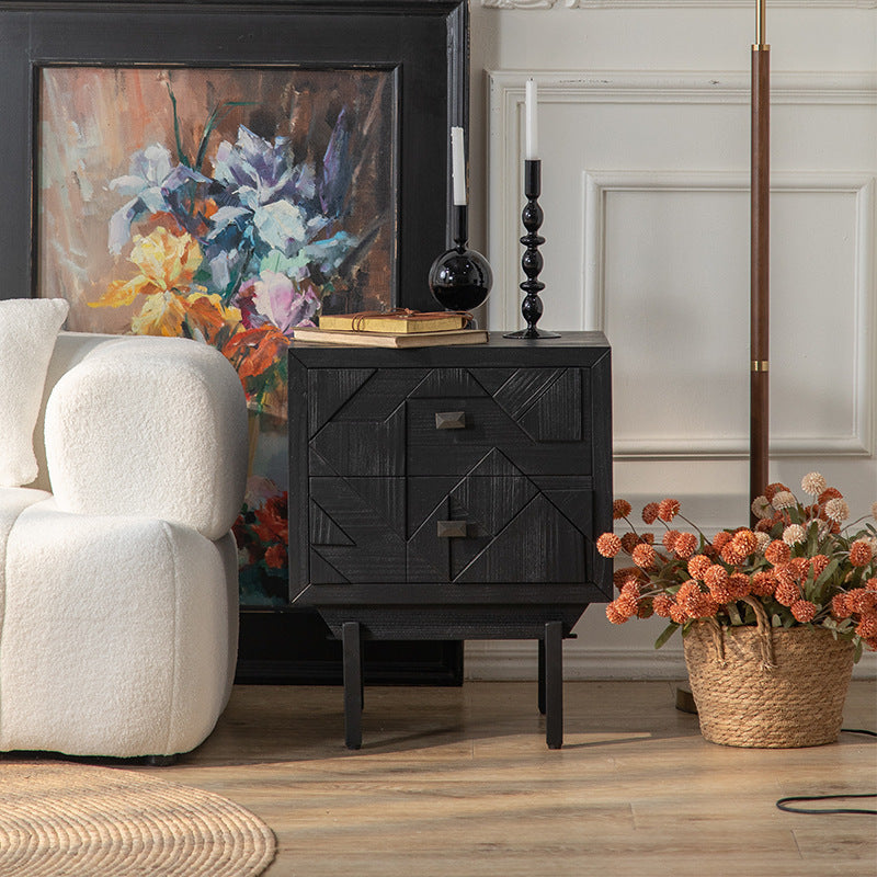 French Wood Cube Nightstand 2-Drawer