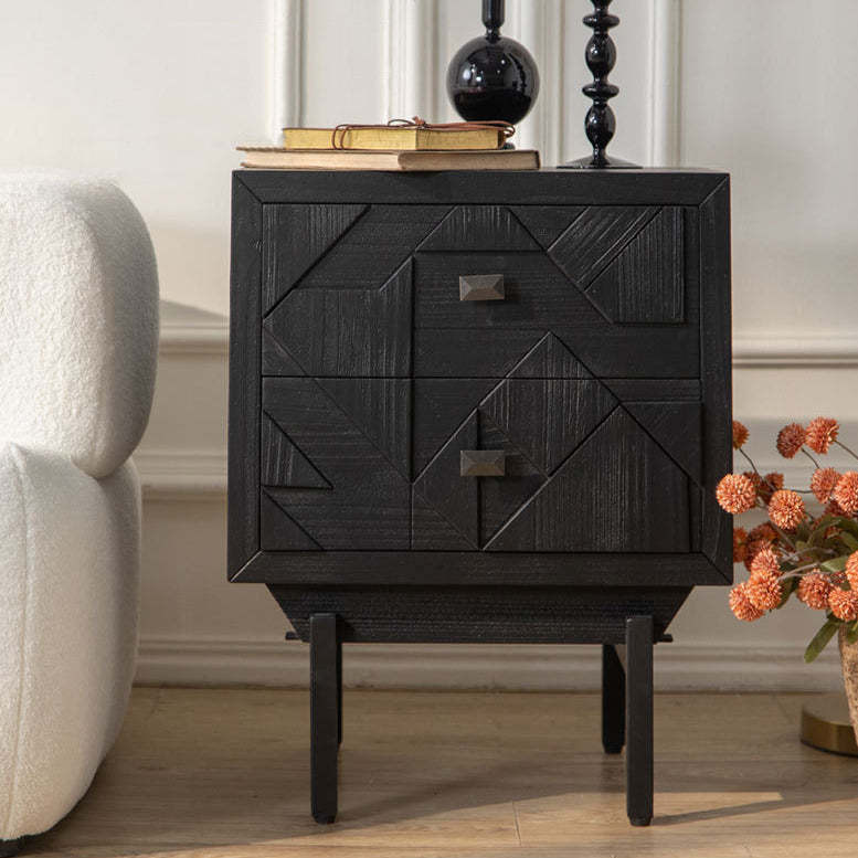 French Wood Cube Nightstand 2-Drawer