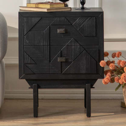 French Wood Cube Nightstand 2-Drawer