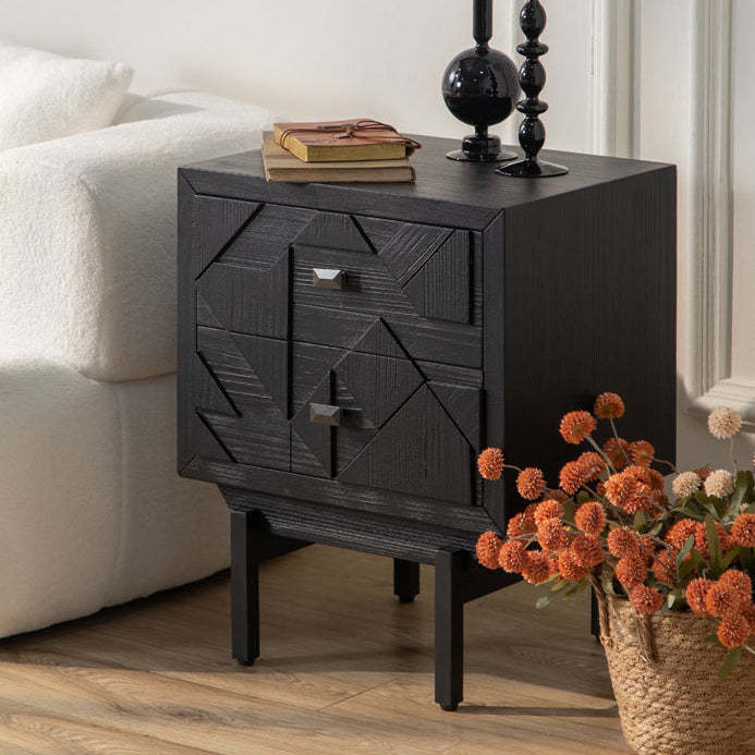 French Wood Cube Nightstand 2-Drawer