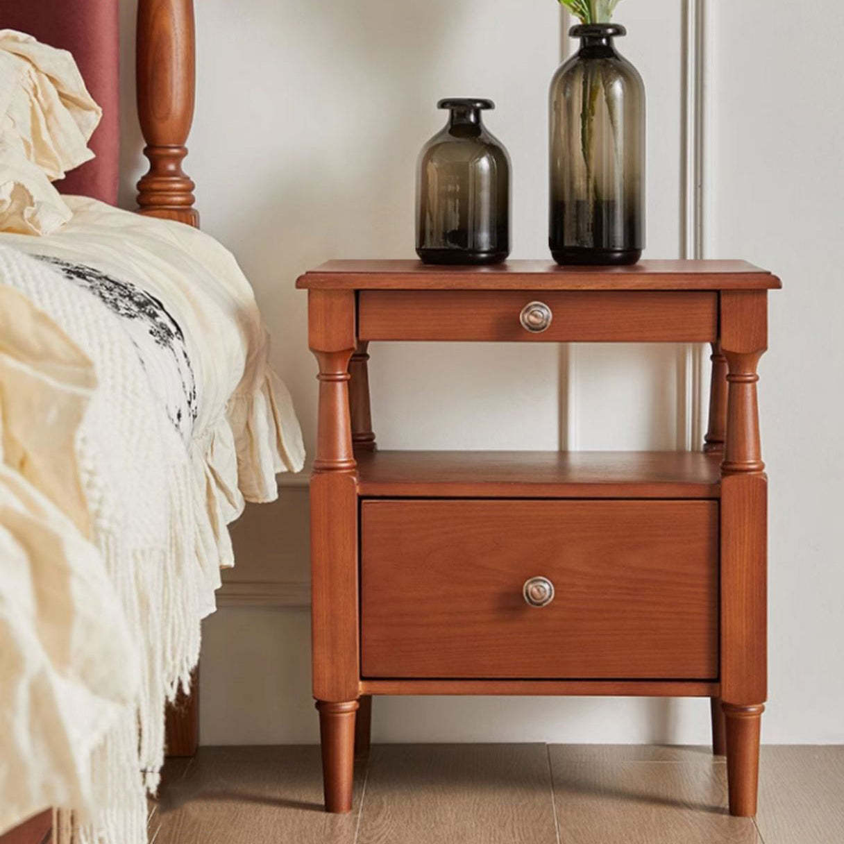 Vintage Wood Nightstand 2-Tier Drawer