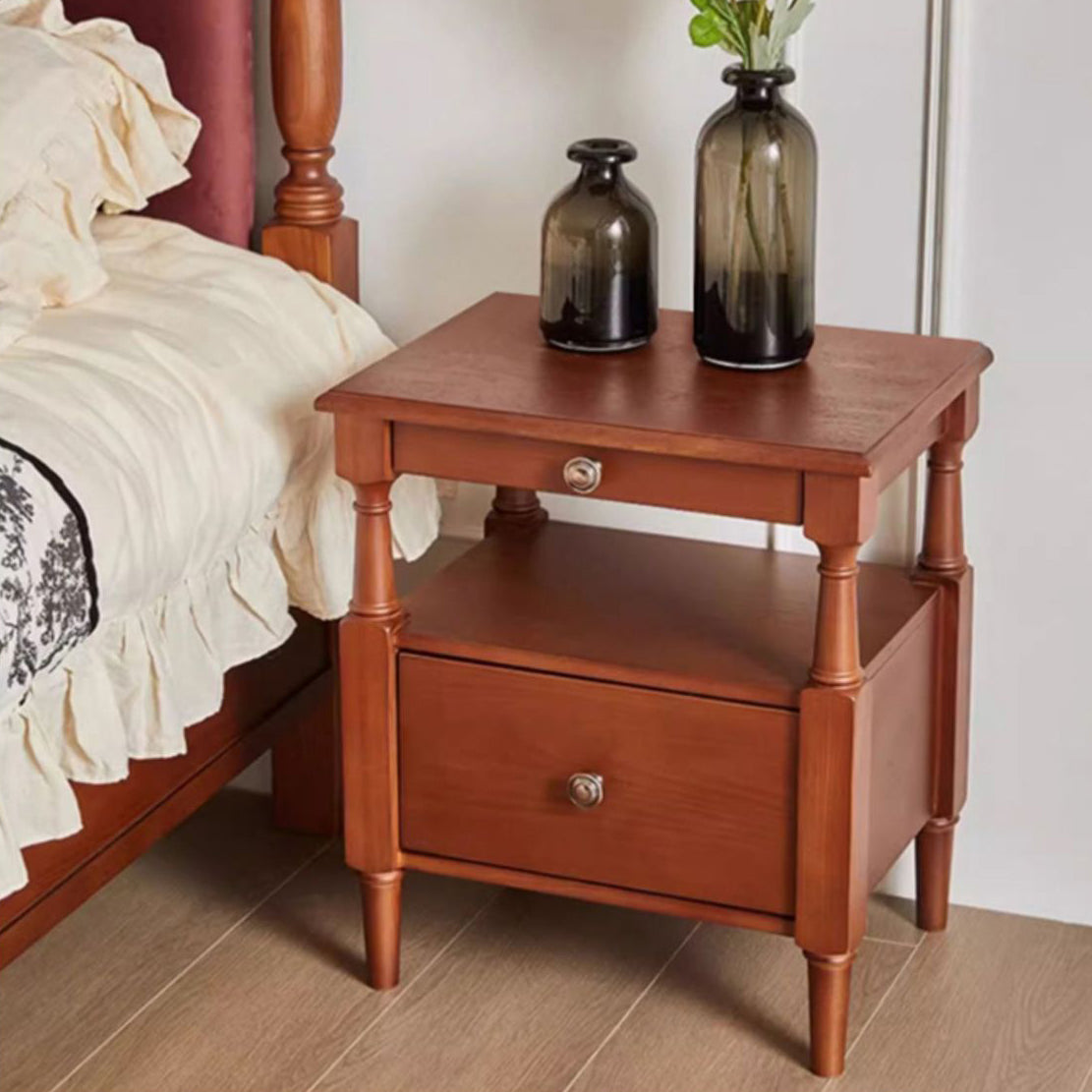 Vintage Wood Nightstand 2-Tier Drawer — Wood Color