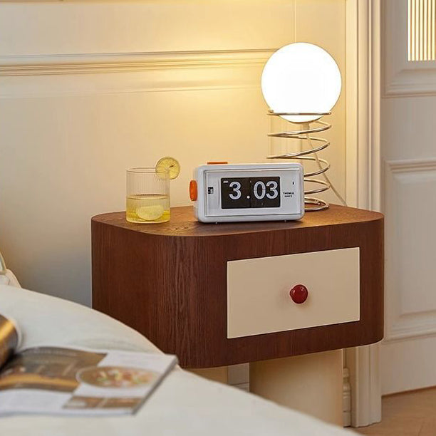 Nordic Rounded Engineered Wood Wood Nightstand 1-Drawer — Wood Color + Beige