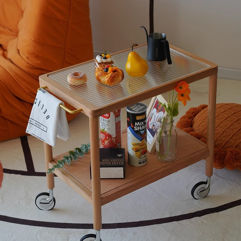 Retro Glass Wood End Table 2-Tier Casters