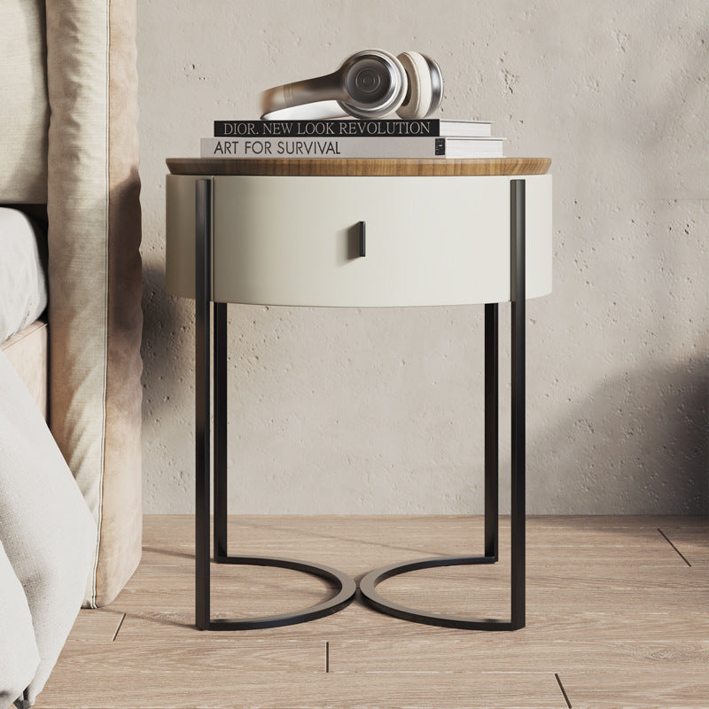 Nordic Wood Round Iron Nightstand 1-Drawer