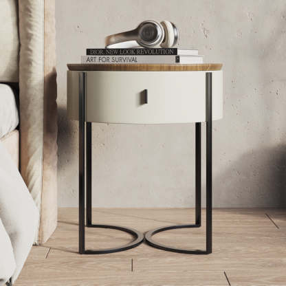 Nordic Wood Round Iron Nightstand 1-Drawer — Beige + Wood Color