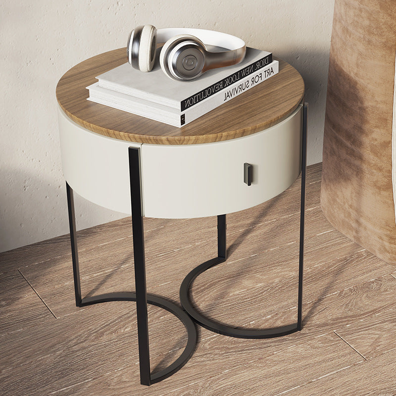 Nordic Wood Round Iron Nightstand 1-Drawer