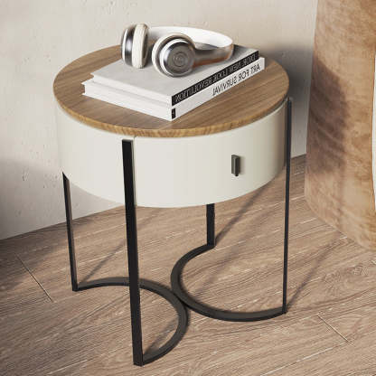 Nordic Wood Round Iron Nightstand 1-Drawer