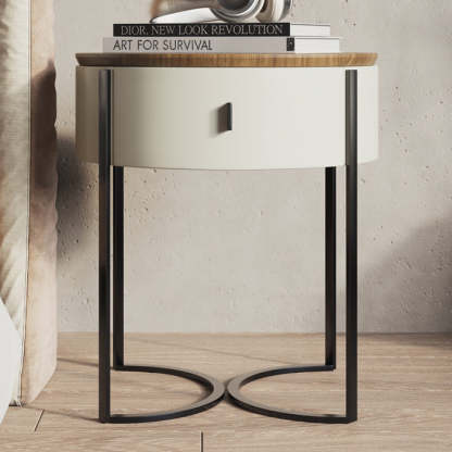 Nordic Wood Round Iron Nightstand 1-Drawer