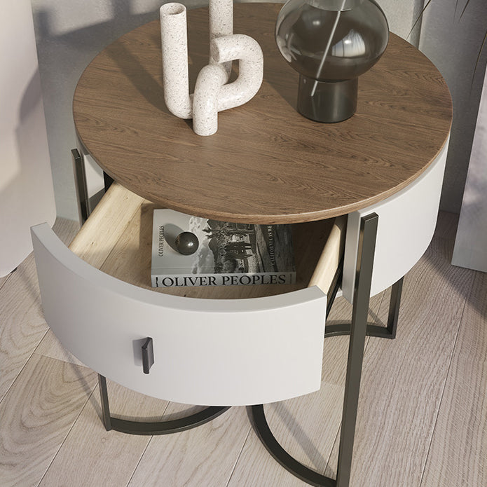 Nordic Wood Round Iron Nightstand 1-Drawer