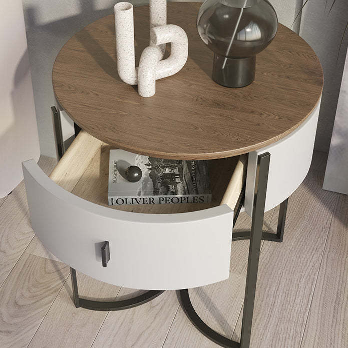 Nordic Wood Round Iron Nightstand 1-Drawer